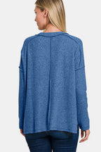 Zenana Women Sweater Knit Navy Exposed Seam Brushed Round Neck Pullover 2c5510a5-1630-4a43-bf8d-f18ae1ffd7be-Max Trendsi
