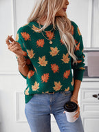 Maple Leaf Sweater Round Neck Long Sleeve Green Pullover 2c5755fe-7e0d-48d1-86f9-1000930df5c1-Max Trendsi