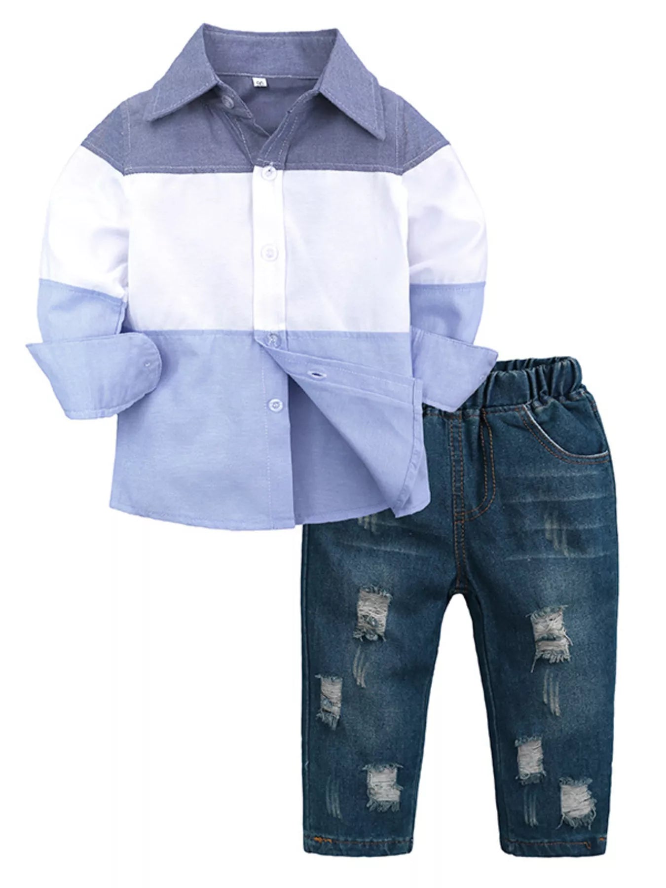 Boy's Children's Set Color Block Shirt & Ripped Jeans 2 Pcs Light Blue