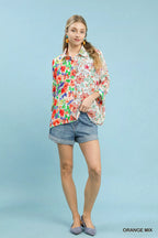 Umgee Womens Shirt Orange Mixed Floral Oversized 3/4 Sleeve Top 2c63805e-7adc-40c3-80b6-2c9595c6bc5c-Max-Origin Trendsi