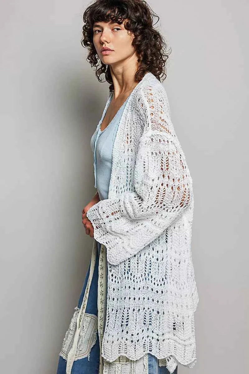 POL Openwork Lightweight Open Front Cardigan with Scalloped Edge
