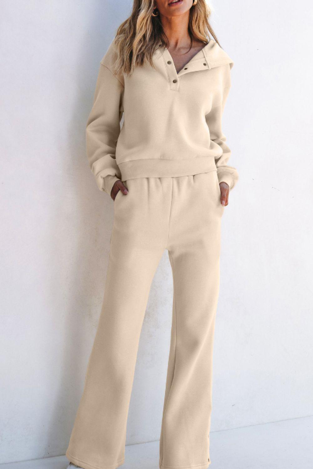 Outfit Set Cotton Blend Half Snap Long Sleeve Hooded Top and Pants