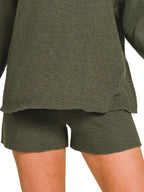 Zenana Womens Outfit Sweater Set Dark Olive Long Sleeve Knit Top and Shorts 2c6a119a-49fd-4154-a339-8056b27d0833-Max-Origin Trendsi