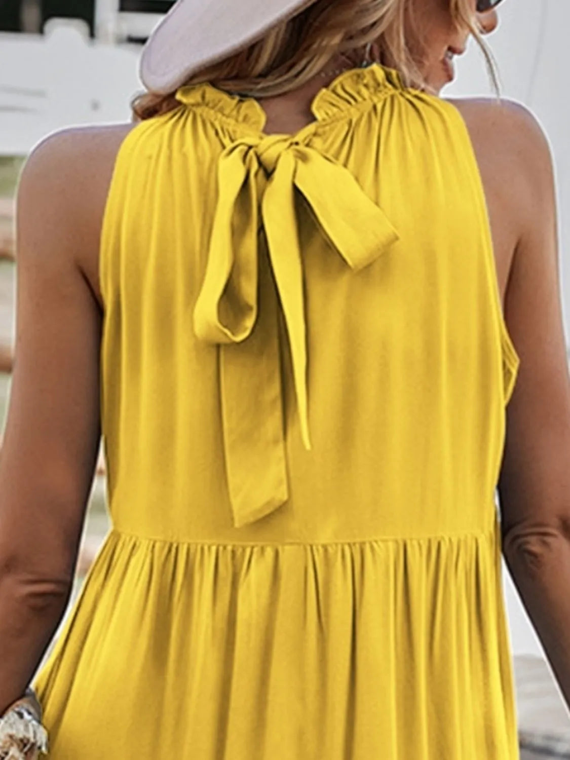 Mini Dress Yellow Ruffled Hem Sleeveless Bow Tied Back 2c6e2802-21d7-417a-8538-ce9d2729e25c-Max-Origin Trendsi