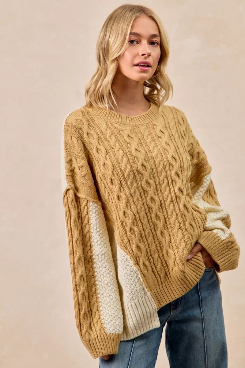 BiBi Womens Sweater Cable Knit With Hacci Combo Uneven Hem Detail 2c6ffa7518e64a0db44a744af085669e-Max-Origin Trendsi