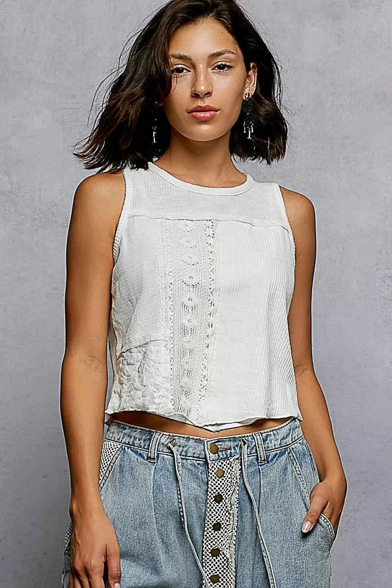 POL Ribbed Round Neck Cropped Tank with Lace Detail