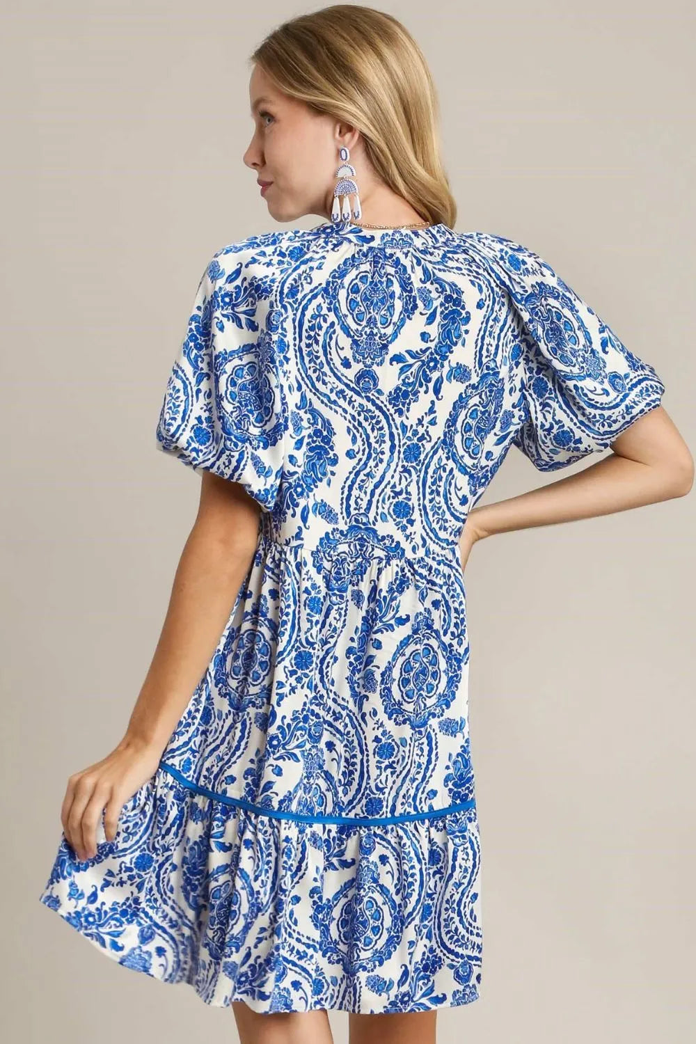 Umgee Mini Dress Flora Royal Blue Printed Notched Puff Short Sleeve 2c746762-db0c-4a80-9607-523d3969cd4a-Max Trendsi