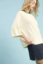 Umgee Womens Pullover Ecru Ribbed Knit Top with Contrast Geen Trim 2c76a39a-b0b1-462d-ac08-33c8653b5238-Max-Origin Trendsi