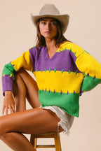 BiBi Womens Sweater Mardi Gras Stripes Stitch Detail Knit Pullover 2c78175ab21a4aea81b942f1ab919451-Max-Origin Trendsi