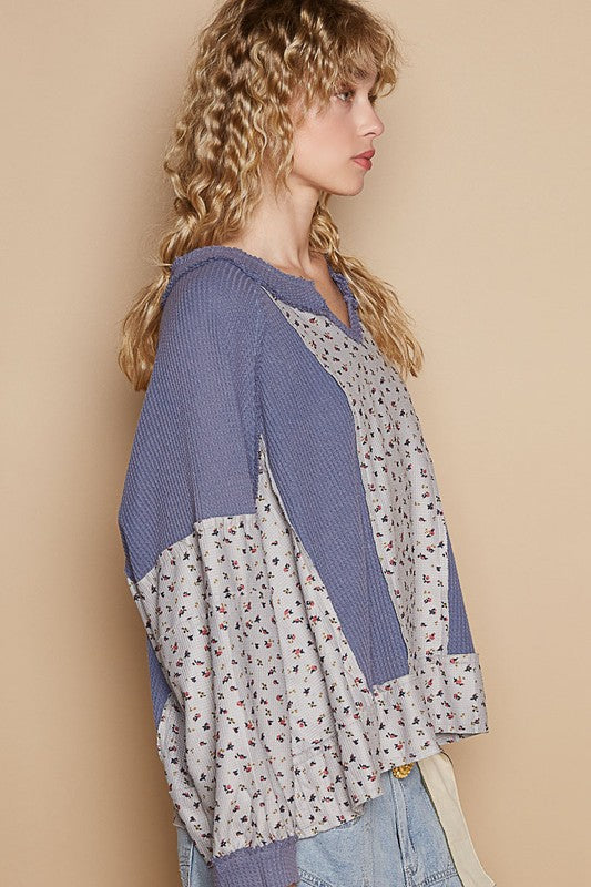 POL Waffle Knit Women Top Dusty Blue Floral Cotton Blend Long Sleeve Oversized