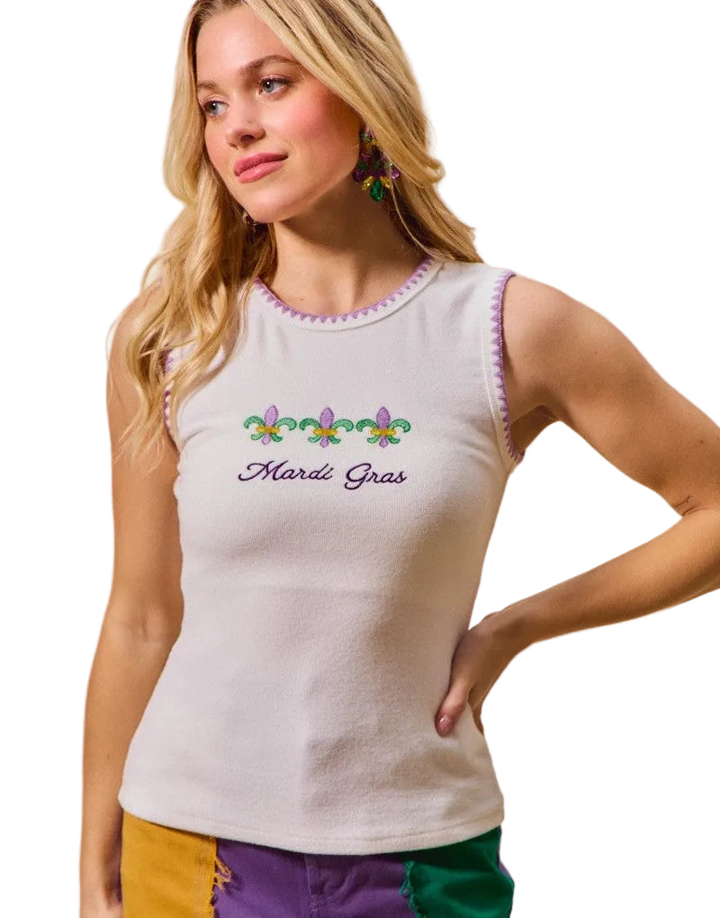 SO ME Mardi Gras Tank Top With Contrast Blanket Stitch