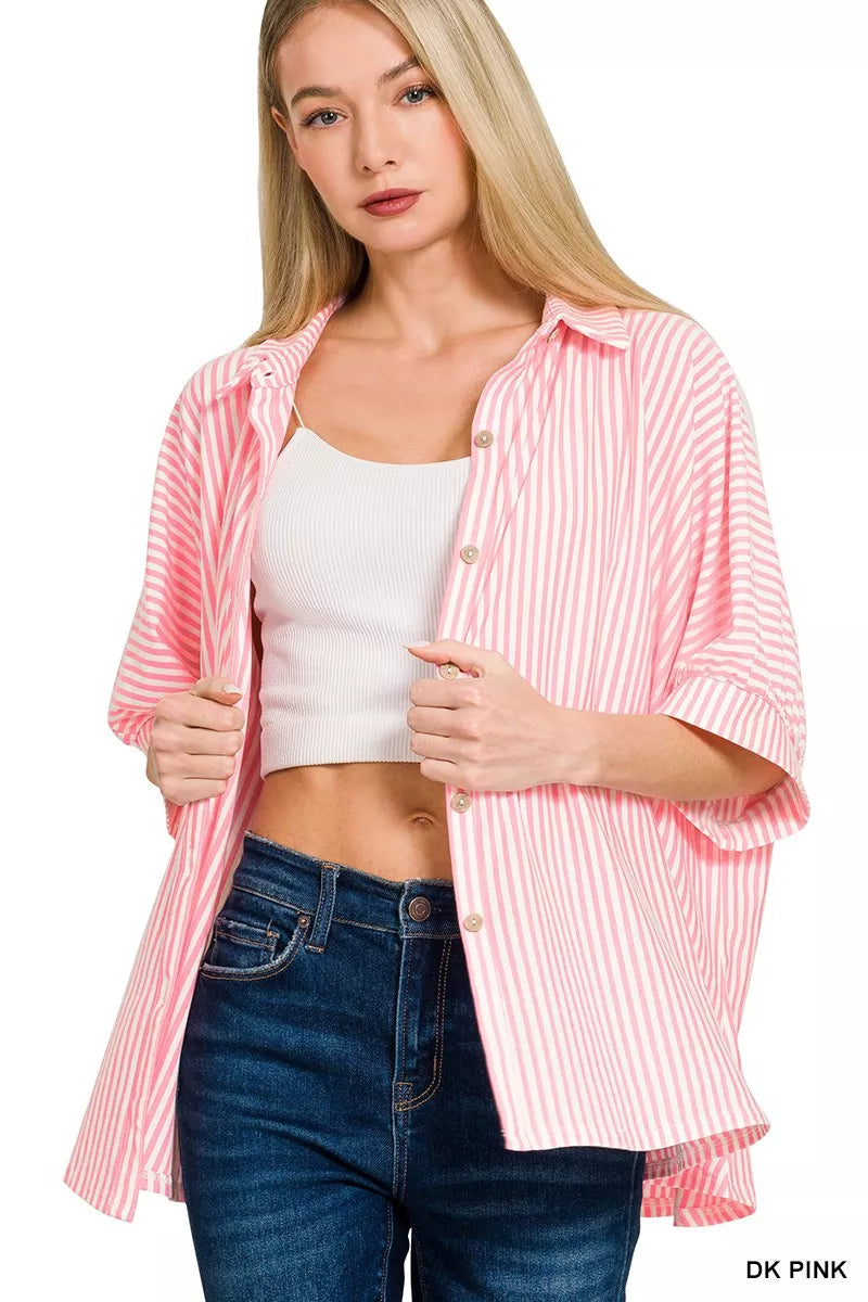 Zenana Oversized Women Shirt Dark Pink Stripe Short Sleeve Top 2c7cbd330b4f42c8a15c51d2e8cfe9c8-Max-Origin Trendsi