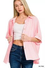 Zenana Oversized Women Shirt Dark Pink Stripe Short Sleeve Top 2c7cbd330b4f42c8a15c51d2e8cfe9c8-Max-Origin Trendsi