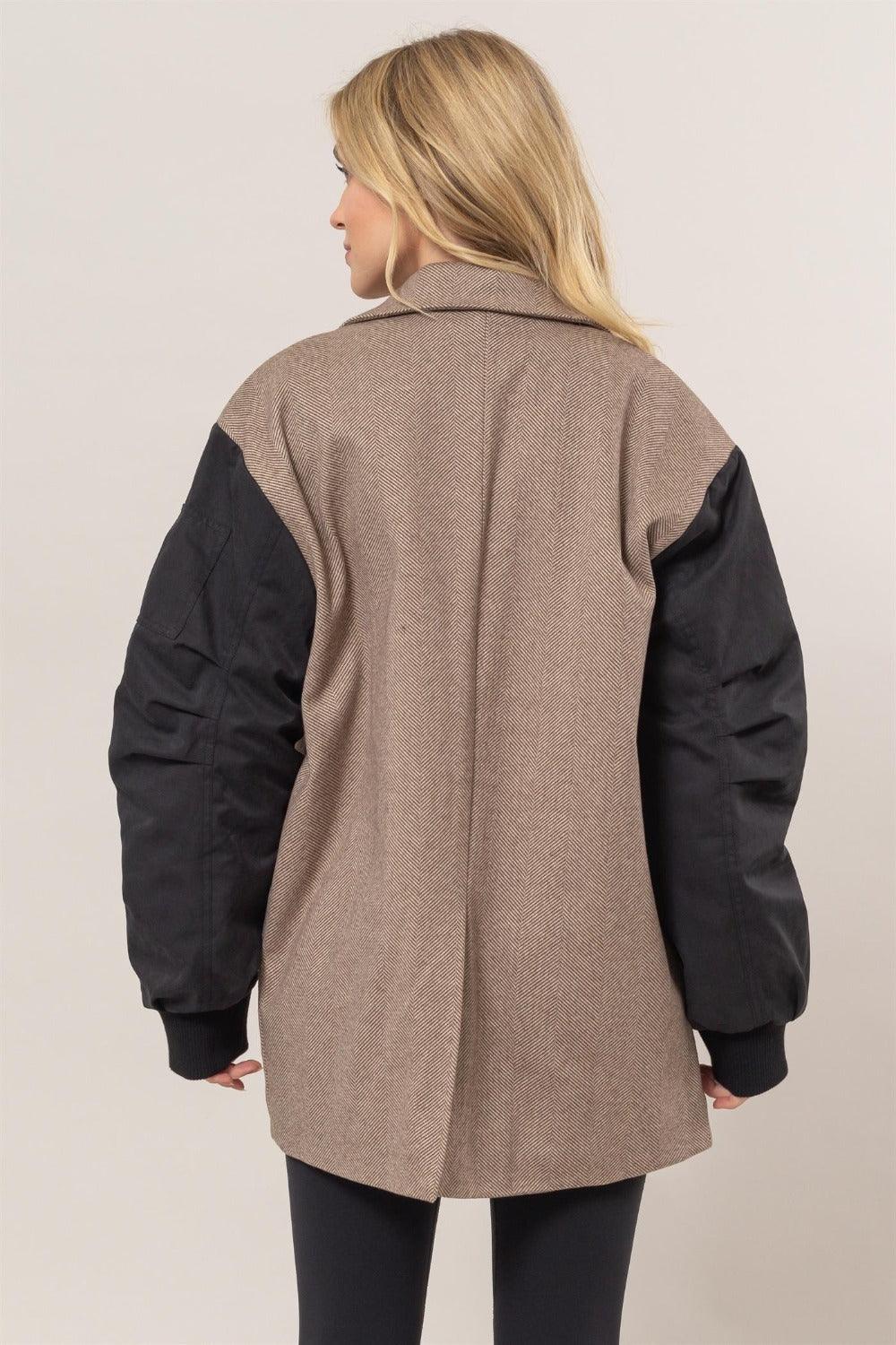 Blazer US HYFVE Herringbone Mixed Media Contrast Long Sleeve Coat 2c7d2b5d-a78e-49d5-81a6-1e401e77fec7-Max Trendsi