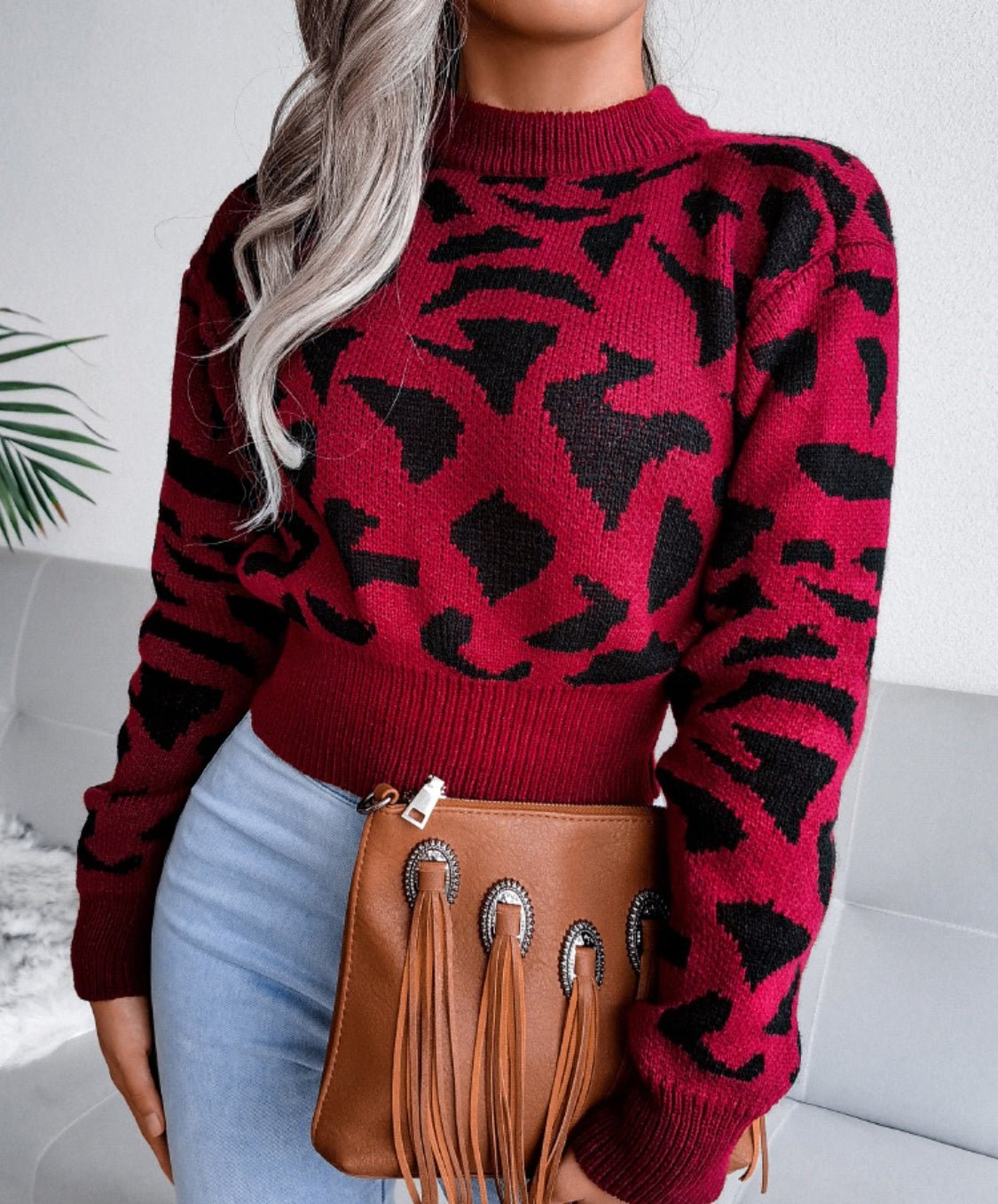 Leopard Women Sweater Cropped Round Neck Long Sleeve Soft Knit Pullover