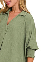 Zenana Collar Tee Olive Airflow with Smocked Sleeve Band Top 2c853d5f-03f6-470b-99f3-bd9095b9f79e-Max-Origin Trendsi