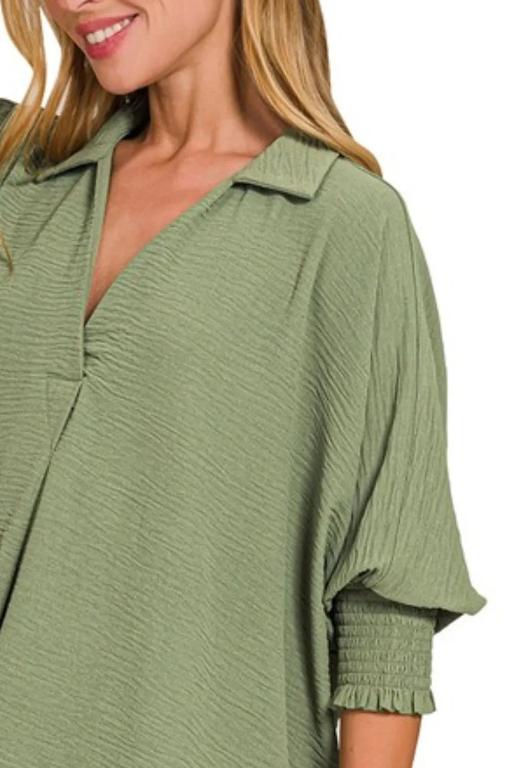 Zenana Collar Tee Olive Airflow with Smocked Sleeve Band Top 2c853d5f-03f6-470b-99f3-bd9095b9f79e-Max-Origin Trendsi