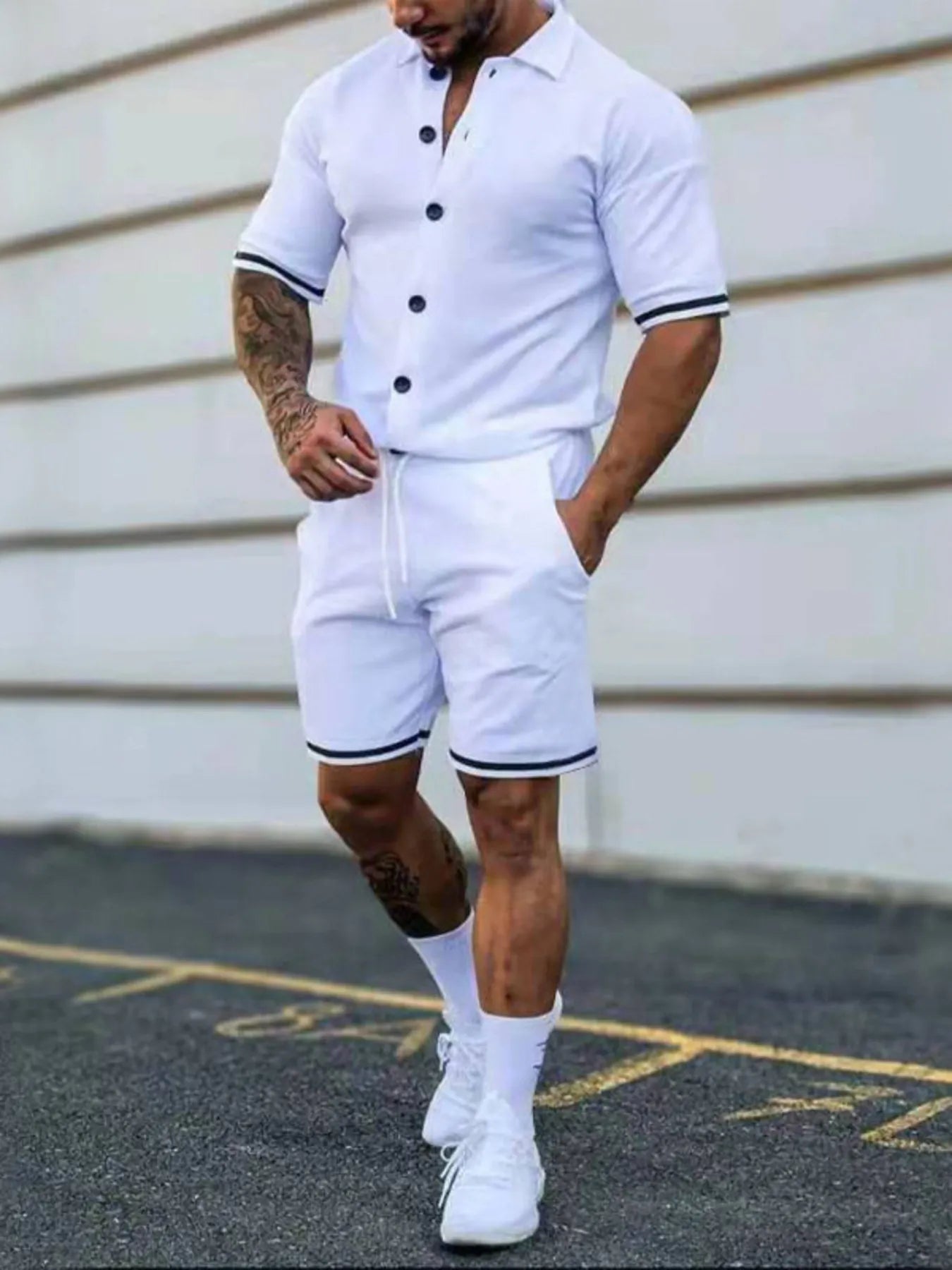 Men's Outfit Set Casual Striped Hem Button Up Short Sleeve Top and Shorts White 2c8ad57e85194301bec8c2704597b1e8-Max-Origin Trendsi
