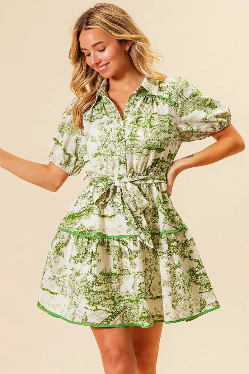 BiBi Mini Shirt Dress Floral Green Printed Tiered Belted Short Sleeve 2c949e41cfd748e790c29faafa5adb74-Max-Origin Trendsi