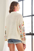 ADORA Women's Cardigan Floral Contrast Crochet Open Front Ivory Long Sleeve 2c965346-a45e-4217-98b2-02f81e0bbc4b-Max Trendsi