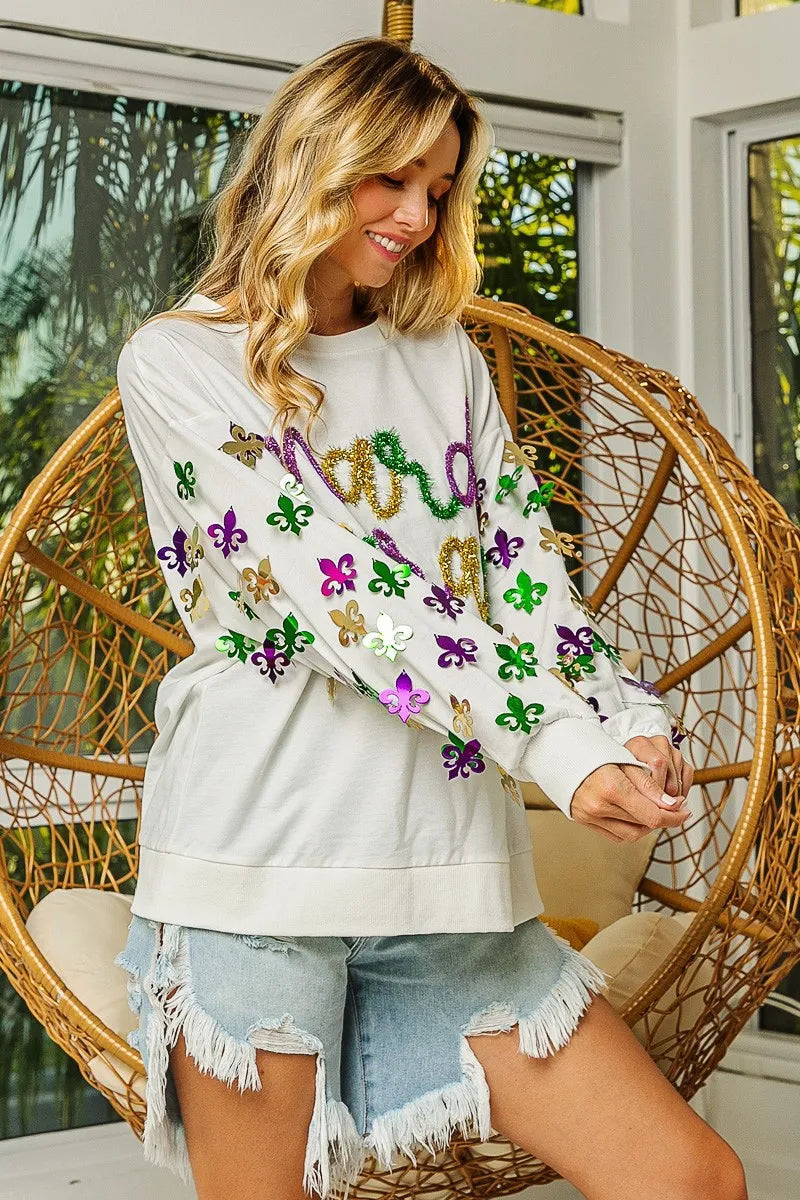 BiBi Womens Pullover Off White Fleur De Lis Sleeve Mardi Gras 2c99388c4f44407e8201981334089acd-Max-Origin Trendsi