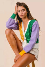 BiBi Sequin Sweater Cardigan Mardi Gras Color Block Buttoned Long Sleeve 2ca1e56e78774e93b5a102dbb651529c-Max-Origin Trendsi