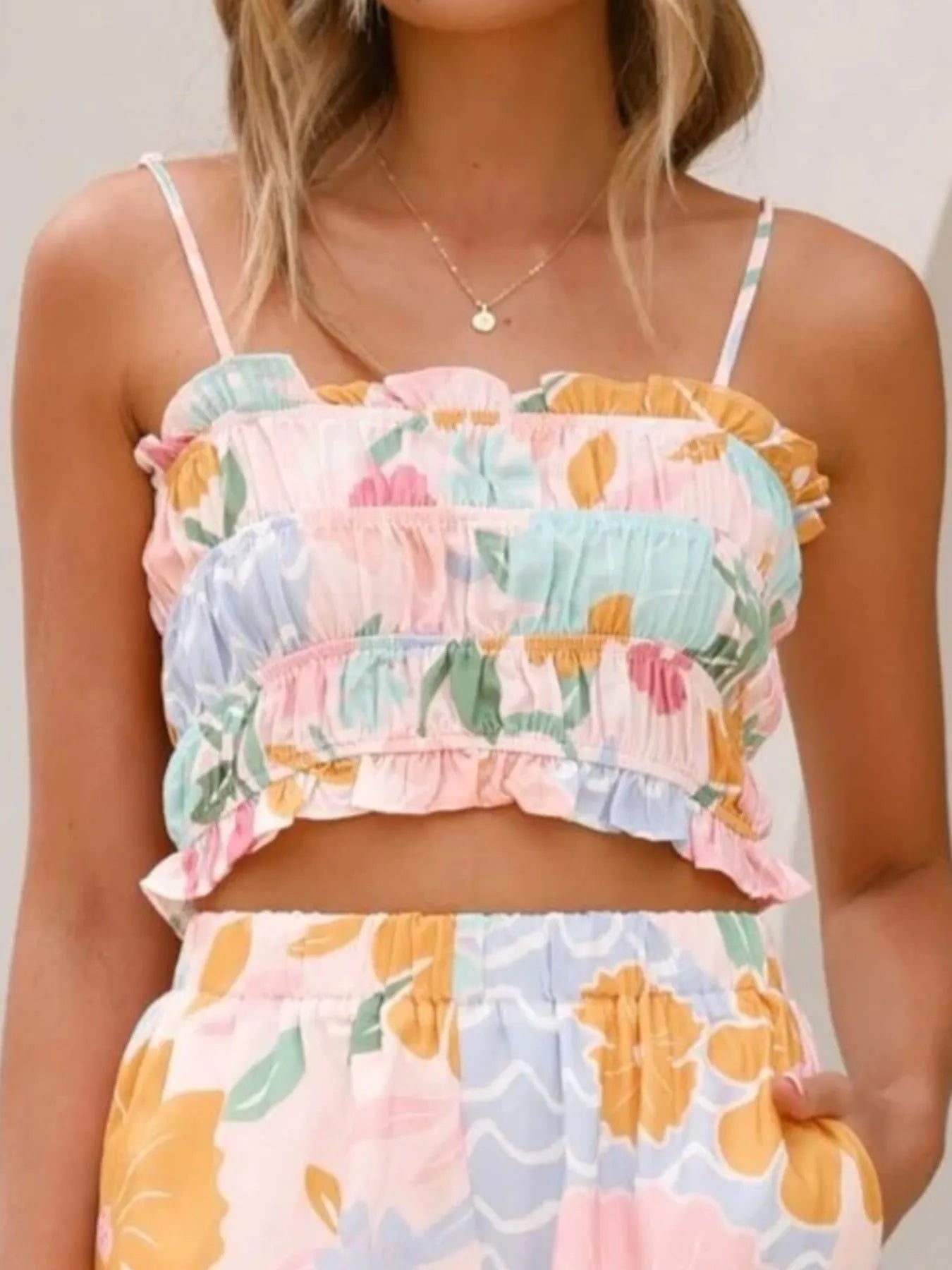 Women's Outfit Set Floral Crop Top Colorful Printed Ruffle Cami and Shorts 2ca71436-39e3-424d-88c3-59cd970d6a35-Max-Origin Trendsi
