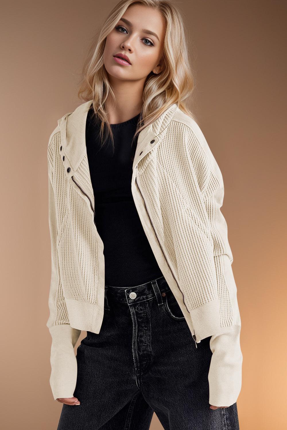 Double Take Hooded Jacket Waffle-Knit Zip Up Long Sleeve 2cad2568-8b8d-4798-8275-148c5ca27bea-Max Trendsi