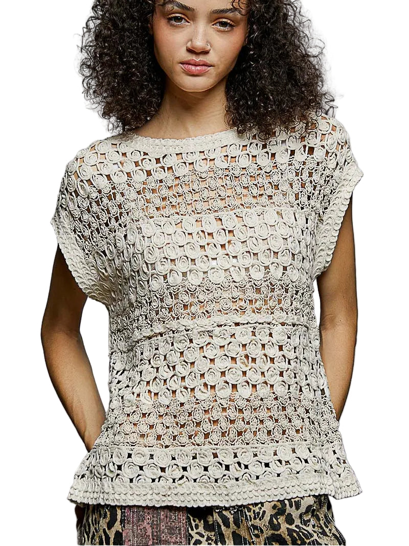 POL Openwork Round Neck Crochet Sleeveless Top