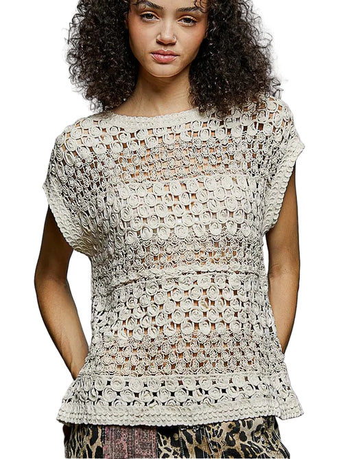 POL Openwork Round Neck Crochet Sleeveless Top
