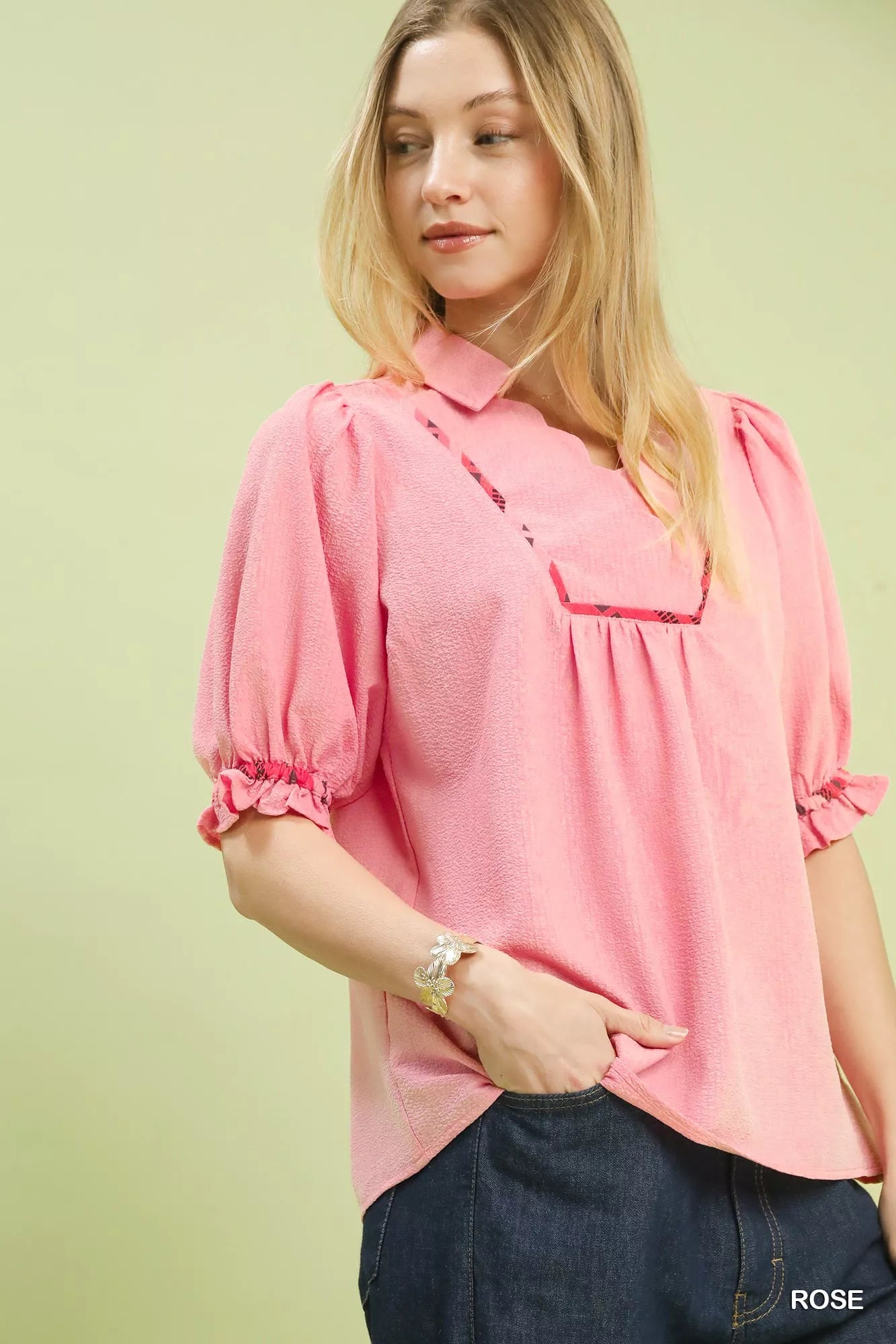 Umgee Blouse Rose Scalloped Trim with Puff Short Sleeves Top 2cb2a703-80fe-4b69-95eb-6c82745fd41f-Max-Origin Trendsi