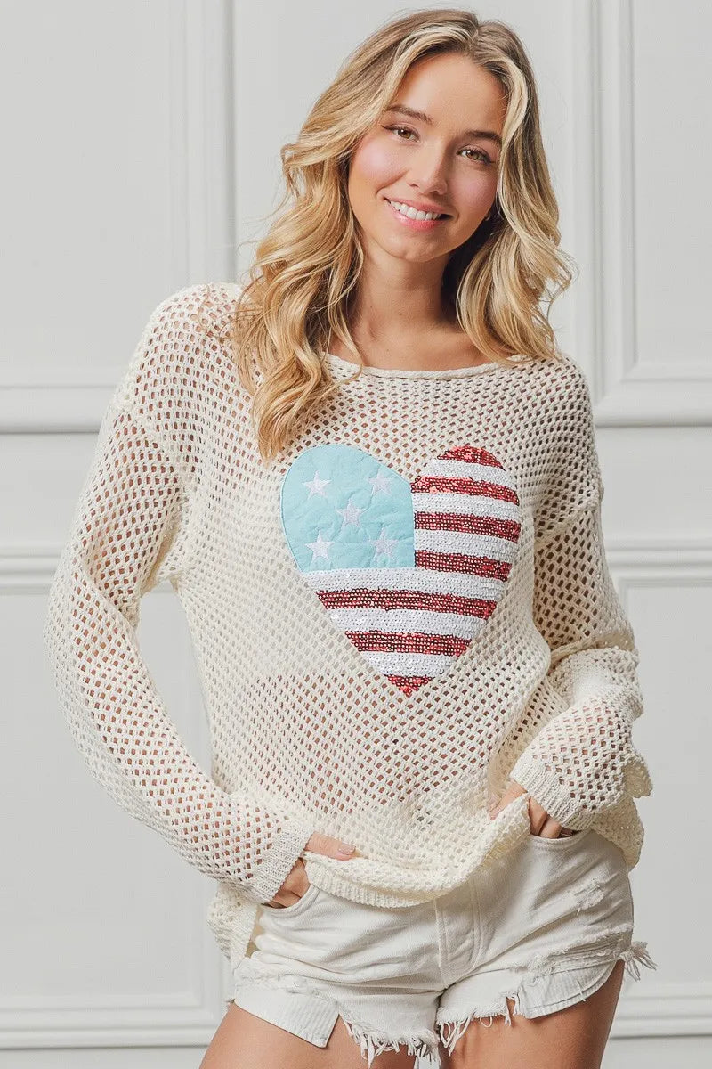 BiBi Knit Top Sequin American Flag Heart Up Embroidered Long Sleeve OFF WHITE 2cb94cd63aee40f6b1b48d7c73556331-Max-Origin Trendsi