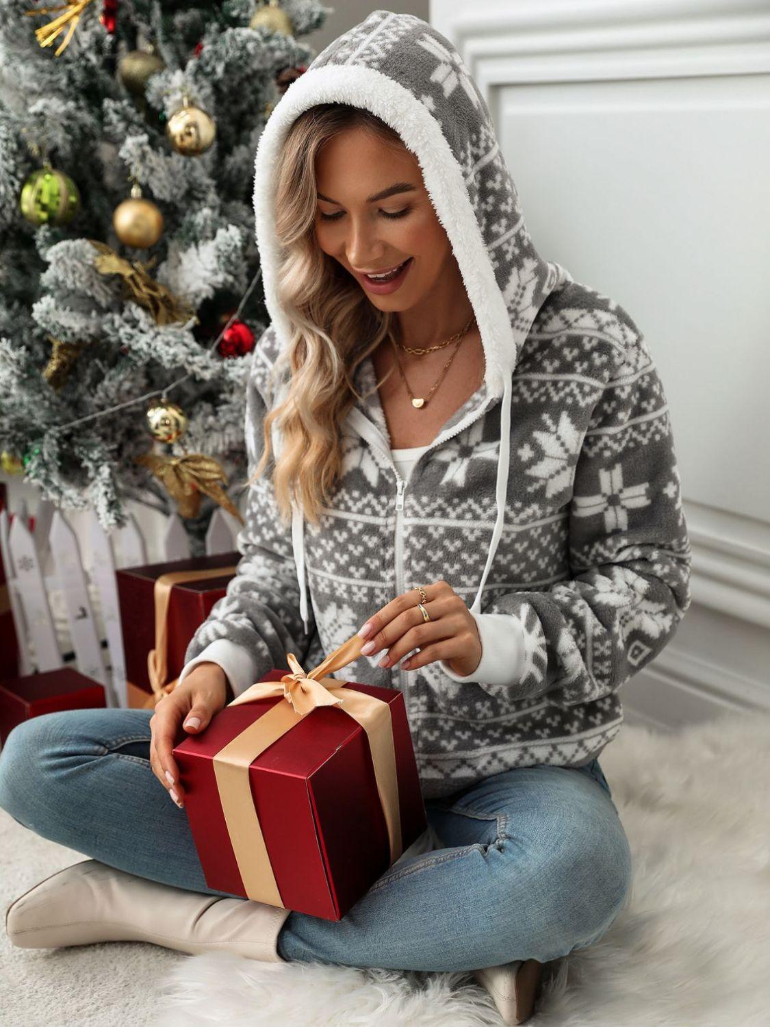 Christmas Jacket Women Snowflake Zip Up Hooded Warm Outerwear