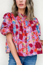 Floral Women's Blouse Pleated Colorful Red Buttoned Puff Short Sleeve Floral 2cc61cfe-5f14-4087-8d47-8ec3a43e6f86-Max-Origin Trendsi