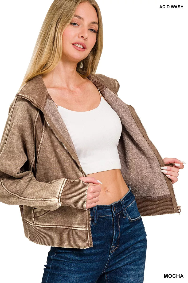 Zenana Fleece Jacket Mocha Brown Acid Wash Zip Up Long Sleeve 2cc89273-695f-45c8-baa9-2c66c016b97f-Max-Origin Trendsi