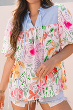 Floral Blouse Striped Yoke Frilled Tie Neck Short Puff Sleeve Top Floral 2cc8d820-4326-4bf4-b762-ae91e65c9ee8-Max Trendsi
