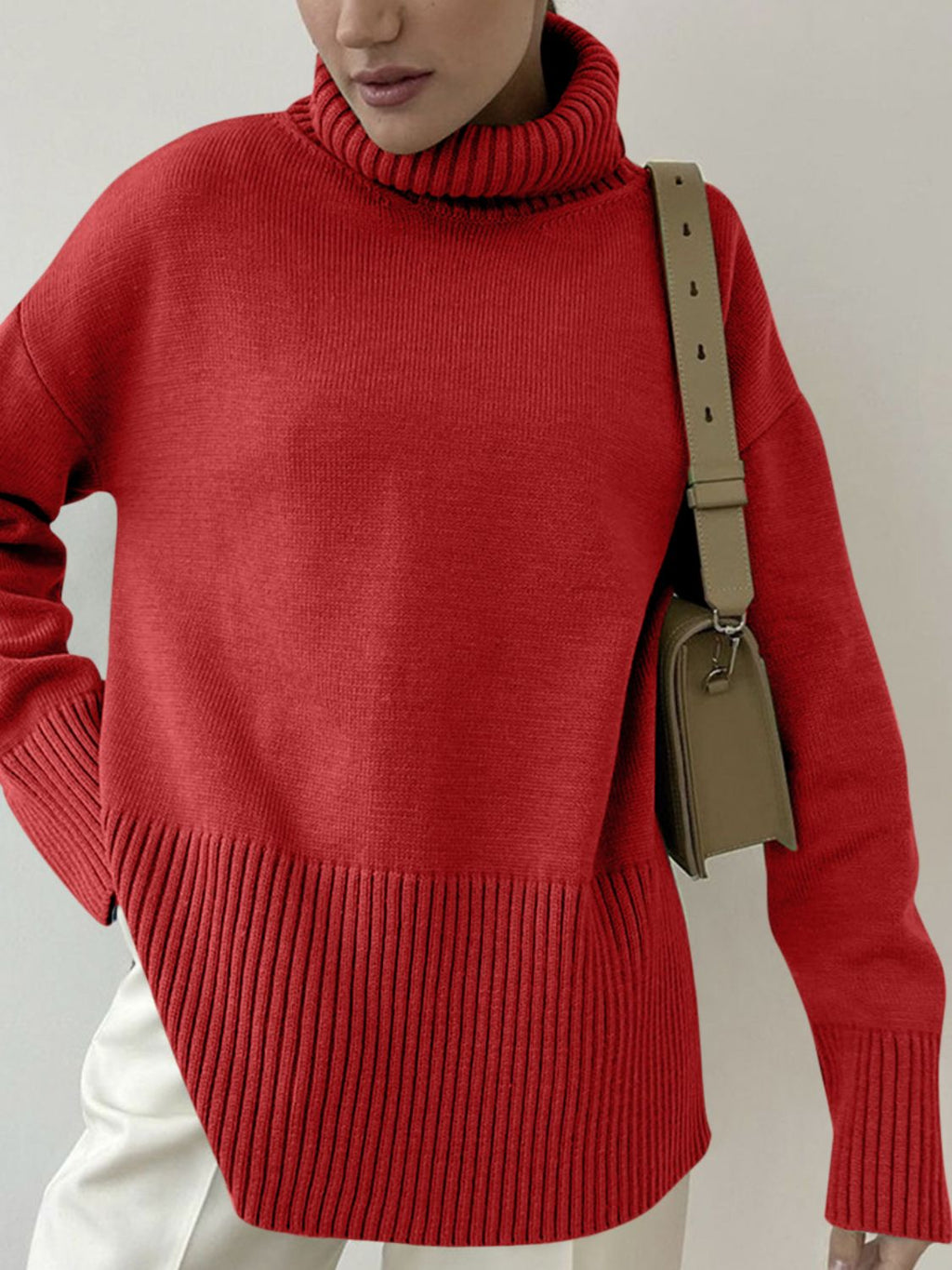 Women Sweater Side Slit Turtleneck Drop Shoulder Long Sleeve Soft Pullover 2ccb52a5-457b-40de-88ab-5dadb8ca2d61-Max Trendsi