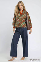 Umgee Women's Top Teal Mix Green Abstract Print Ruffle Neck Blouse 2cd8d9cb-8fa4-406e-9c72-d864fb810b63-Max-Origin Trendsi