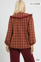 Umgee Women's Blouse Rusty Plaid Ruffle Collar Long Sleeve Top 2cfb4c09-376e-4d9c-a2c0-6dc7135d13b3-Max-Origin Trendsi