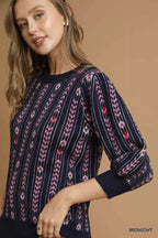Umgee Womens Sweater Jacquard Knit Midnight Bue Puff Sleeve Pullover 2d002669-74b4-44f7-b003-fede61c74103-Max-Origin Trendsi