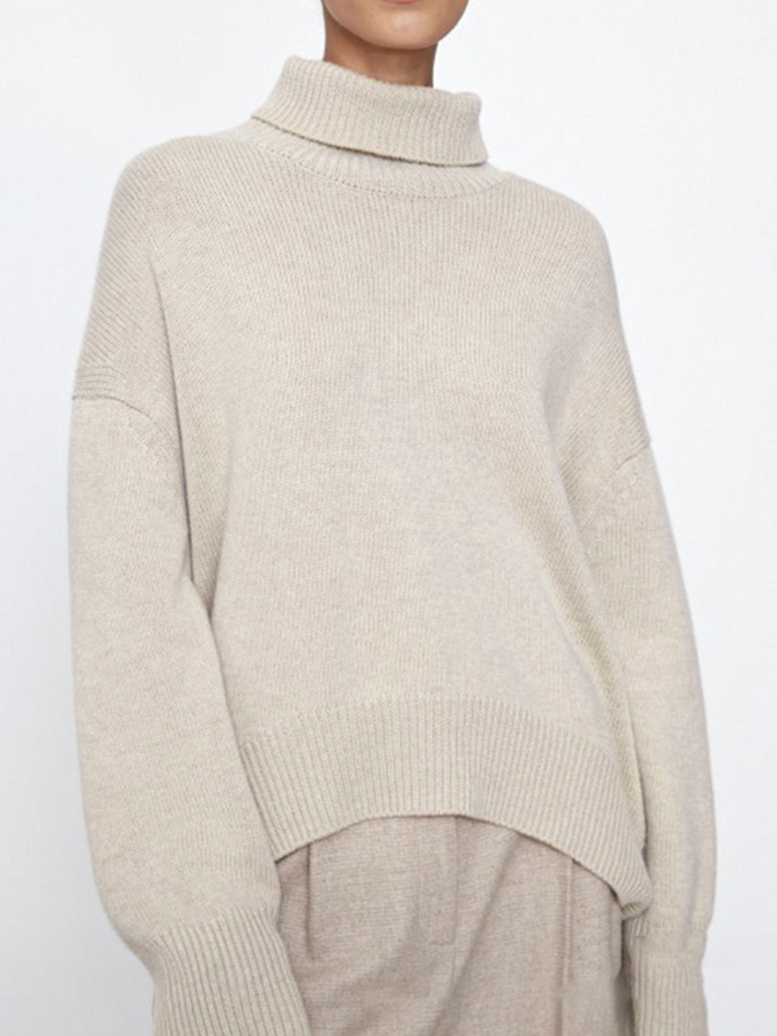 Ribbed Women Sweater Turtleneck Long Sleeve Soft Acrylic Loose Basic Pullover