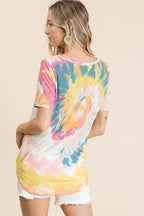 BiBi Circular Tie Dye Print Womens Blouse V Neck Top Short Sleeves 2d17b04bbb2443a6bd82b3f73c3c934c-Max-Origin Trendsi