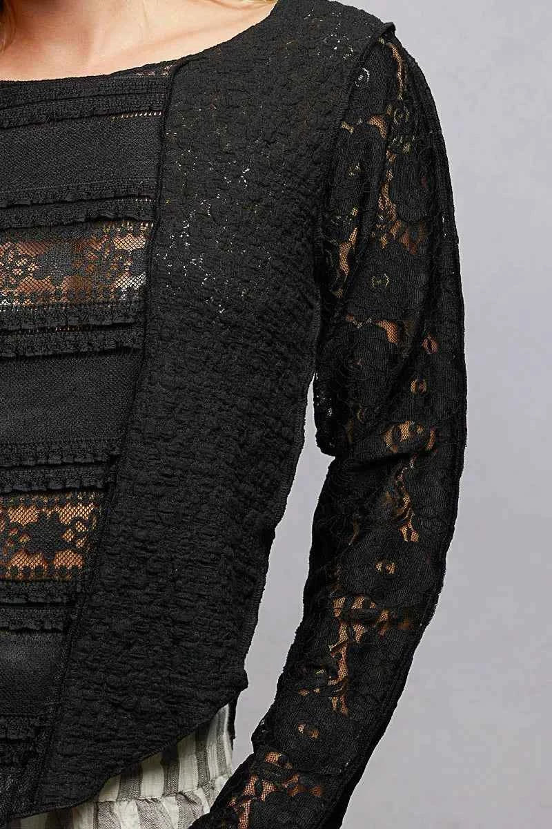 POL Round Neck Long Sleeve Exposed Seam Top with Lace Detail