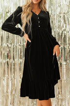 Black Velvet Midi Dress Ruffle Hem Slit V-Neck Buttoned Long Sleeve Dresses Black 2d1c1ef1-38fd-4242-99f8-332b241b6ac1-Max Trendsi