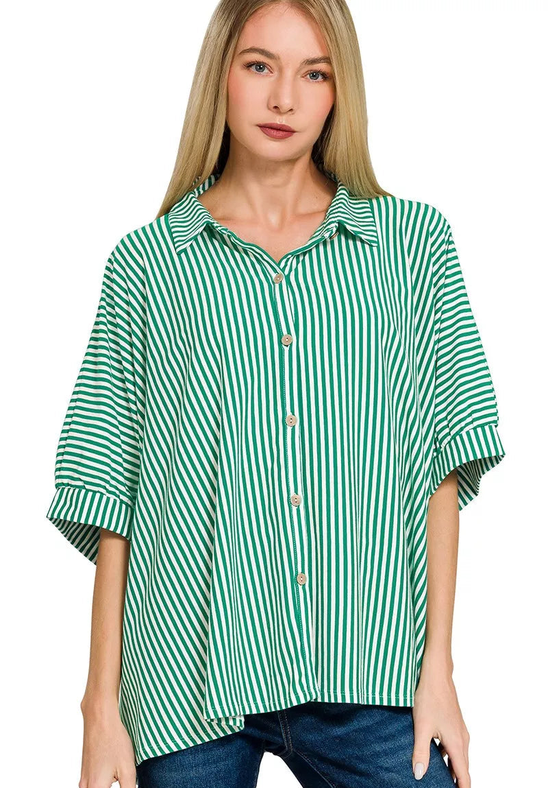 Zenana Women Shirt Green Stripe Oversized Short Sleeve Top K GREEN 2d1dcefb6dac458894dd1d4aa23c4e49-Max-Origin Trendsi