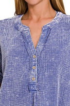 Zenana Cotton Top Blue Washed Double Gauze 3/4 Button Henley Neck Shirt 2d1eda5d-b4de-438c-a694-e4de5130648a-Max-Origin Trendsi