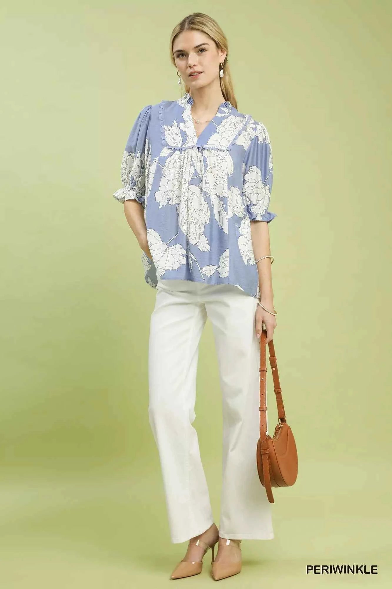 Umgee Peony Illustration Print Top with Scalloped Trim