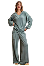 BiBi Outfit Set Dark Sage Cord Rib Contrast Stitching V-Neck Top and Pants 2d2f6e19204942eeb4d8f41011f34bf0-Max-Origin Trendsi