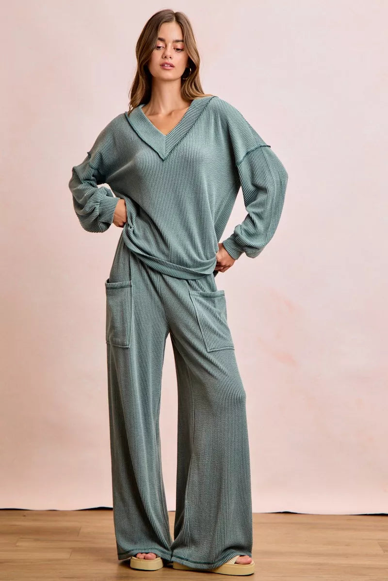 BiBi Outfit Set Dark Sage Cord Rib Contrast Stitching V-Neck Top and Pants 2d2f6e19204942eeb4d8f41011f34bf0-Max-Origin Trendsi