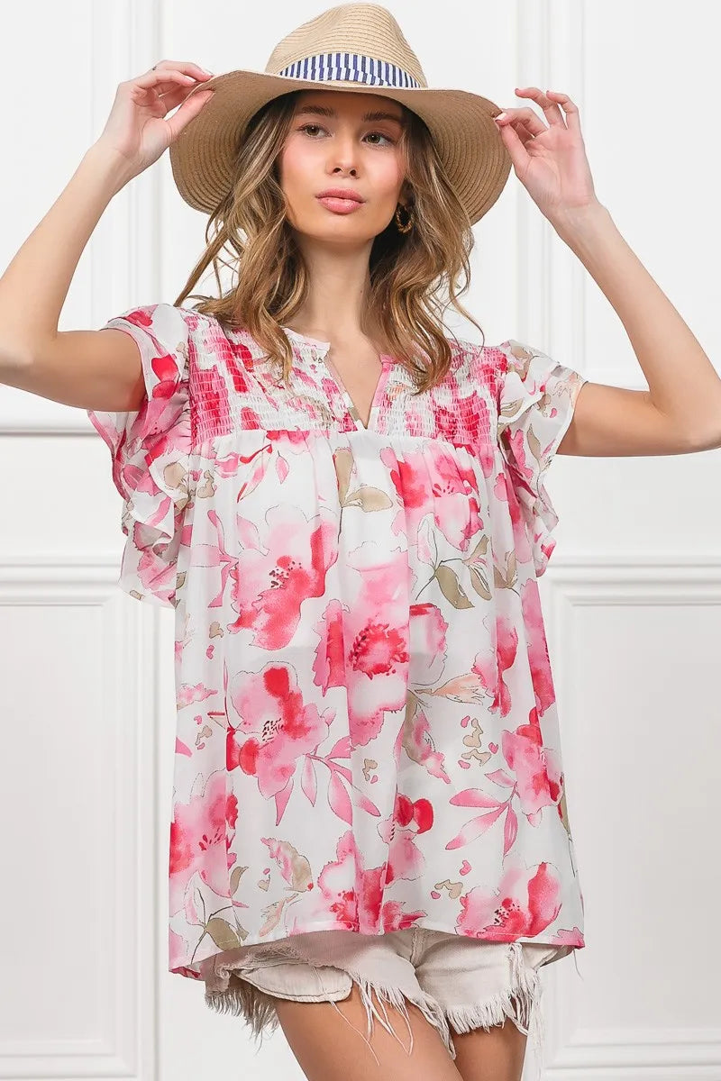 BiBi Blouse Ruffled Floral Print Flutter Sheer Top Short Sleeve 2d306502689e4624bc57b3813ccb3ec5-Max-Origin Trendsi